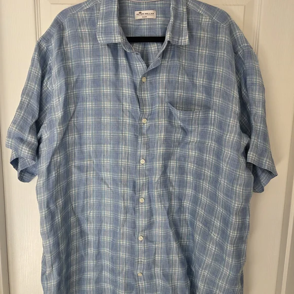 Peter Millar Linen Blue Plaid Shirt - Picture 4 of 6